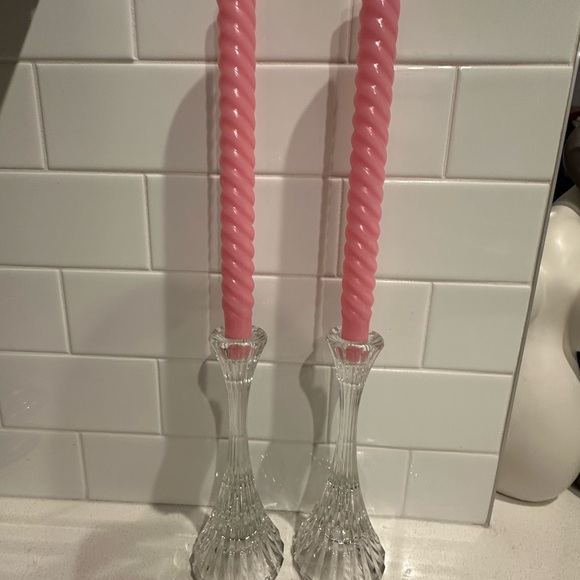 Other - Pink Spiral Taper Candles with Glass Candle Holders